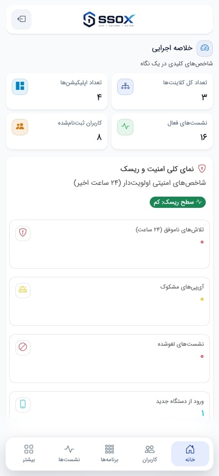 نمای موبایل صفحه خانه پنل مدیریت SSO
