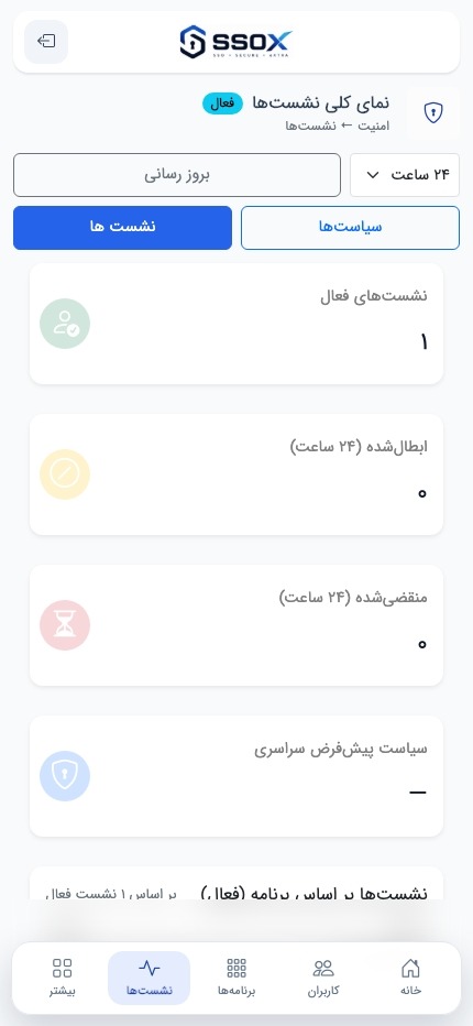 نمای موبایل مدیریت Sessions SSO